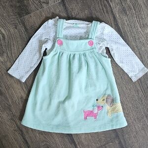 Carter's Mint Green Baby Dress Dogs White Long Sleeve Polka Shirt Outfit 9 Month